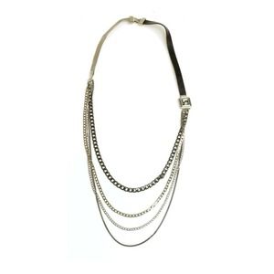 HAGAR SATAT Square Gray Crystal Silver Multi Chain Black Leather Necklace NWT